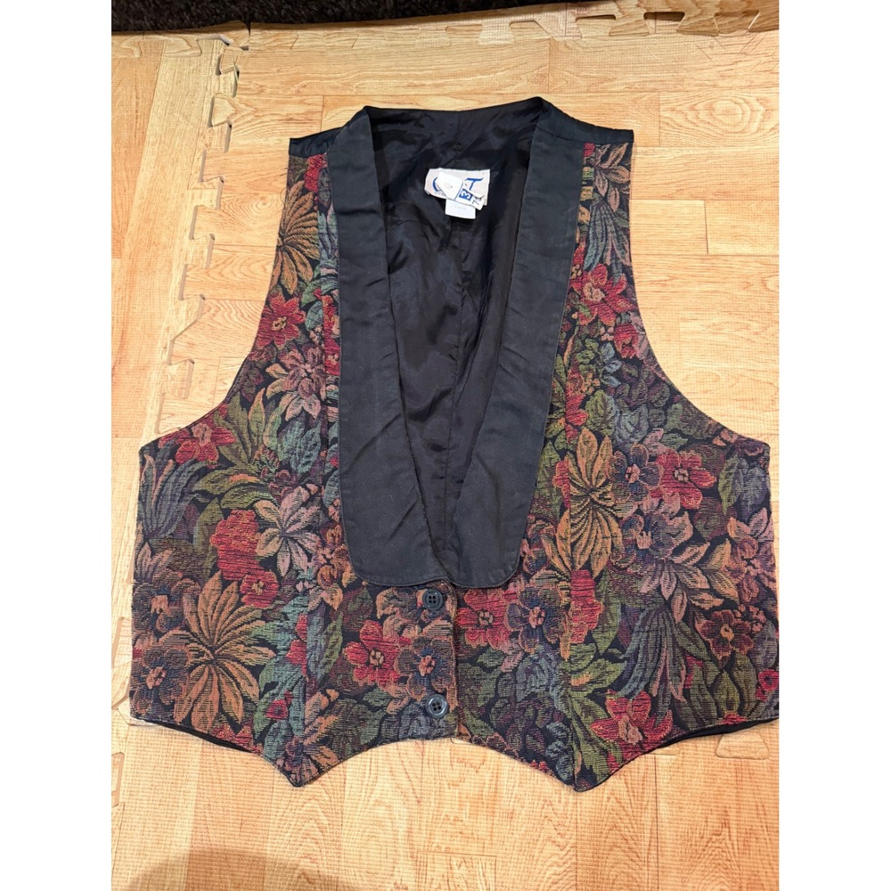 Vintage Circle T Marilyn Lenox Floral Tapestry Vest Shawl Collar Black Red Large